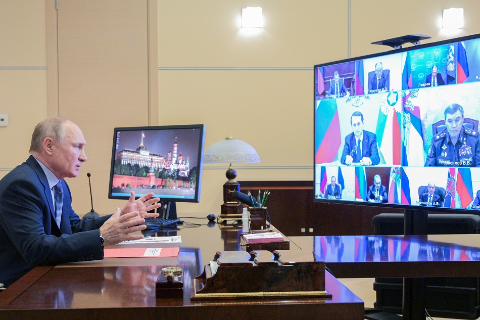 Russian President Vladimir Putin chairs a meeting with members of the Russian Security Council via teleconference call at the Novo-Ogaryovo state residence outside Moscow, Russia, March 3, 2022. Andrey Gorshkov/Kremlin Pool/Sputnik via EPA-EFE