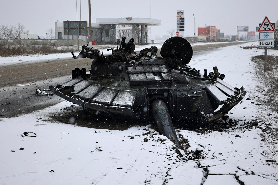 A turret of burned Russian tank is left abandoned after the Ukrainian army attacked it the previous day near the city of Kharkiv, Ukraine, February 25, 2022. Sergey Kozlov, EPA-EFE/File