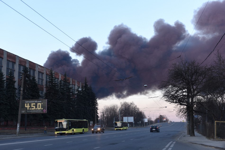 Smoke rises after an explosion in the western Ukrainian city of Lviv on March 18, 2022. Russian forces on March 18 destroyed an aircraft repair plant in the western Ukrainian city of Lviv but no one was hurt, the mayor said. Yuriy Dyachyshyn, AFP