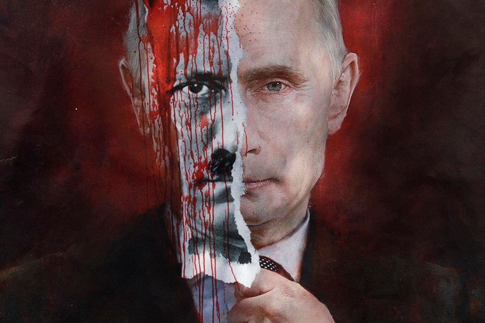 A poster with Russian President Putin with a bloody face is displayed during a protest action in front of the Russia Embassy in Riga, Latvia, March 17, 2022. EPA-EFE/Toms Kalnins