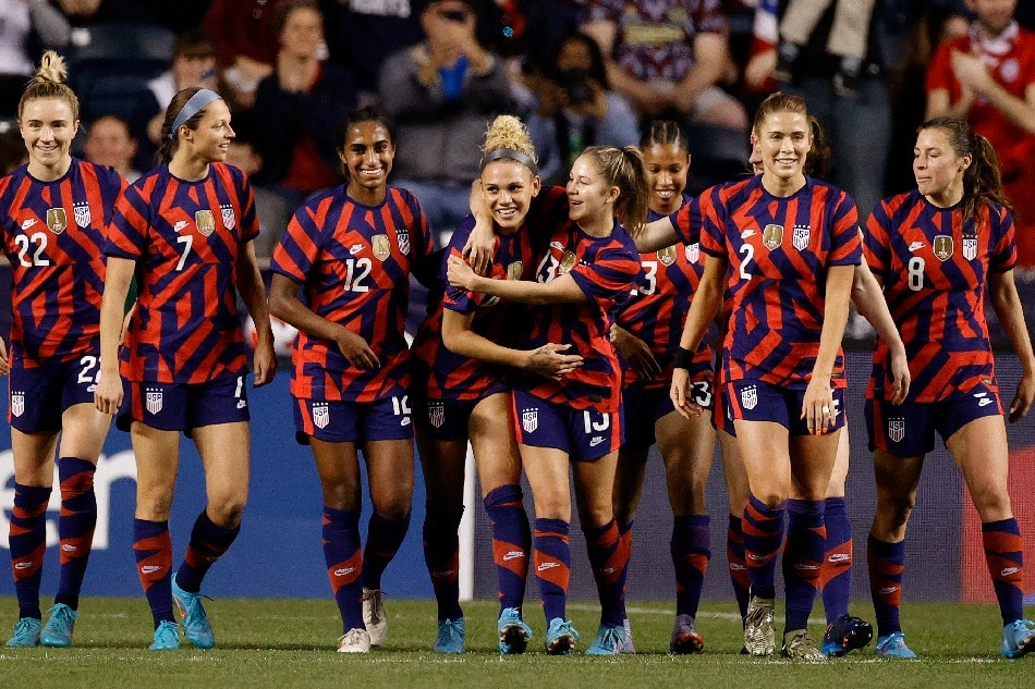 The United States celebrate a goal by Trinity Rodman #14 (C-L) during the second half against Uzbekistan at Subaru Park on April 12, 2022 in Chester, Pennsylvania. Tim Nwachukwu, Getty Images/AFP