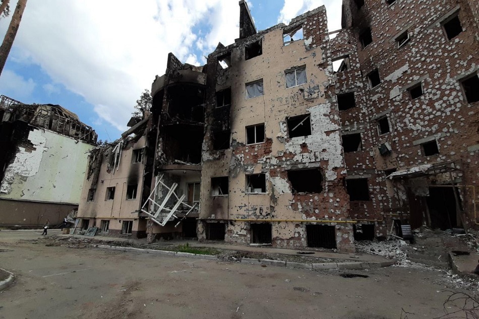 Visible damage to buildings and streets partially destroyed by bombing, seen during a visit by UN Secretary General Antonio Guterres in Irpin, Ukraine, April 28, 2022. EPA-EFE/Laurence Figà-Talamanca