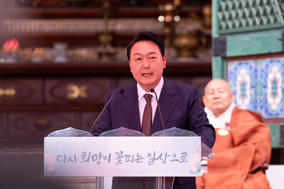 South Korean President-elect Yoon Suk-yeol speaks during a ceremony held to observe Buddha's birthday at the Jogyesa temple in Seoul, South Korea, 08 May 2022. EPA-EFE/JEON HEON-KYUN