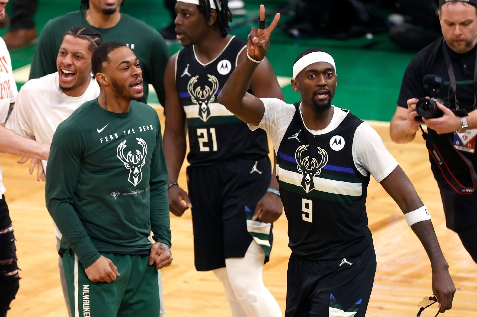 Milwaukee Bucks center Bobby Portis (R) reacts after defeating the Boston Celtics in Game 5 of their NBA Eastern Conference semifinal playoff series at the TD Garden in Boston, Massachusetts, USA, 11 May 2022. CJ Gunther, EPA-EFE