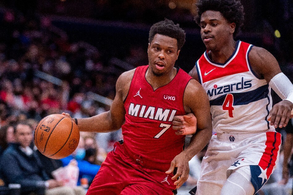 Miami Heat guard Kyle Lowry in action against Washington Wizards guard Aaron Holiday during the NBA basketball game between the Miami Heat and the Washington Wizards at Capital One Arena in Washington, DC, USA, 07 February 2022. File photo. Shawn Thew, EPA-EFE