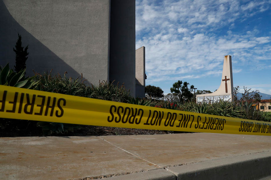 Police tape lines the sidewalk outside of Geneva Presbyterian Church, the site of a shooting that took place in the early afternoon in Laguna Woods, California, USA, May 15, 2022. According to the Orange County Sheriff's Department five people have been critically wounded with one person deceased. A person has been detained and a weapon has been recovered that may have been involved in the incident. Caroline Brehman, EPA-EFE 