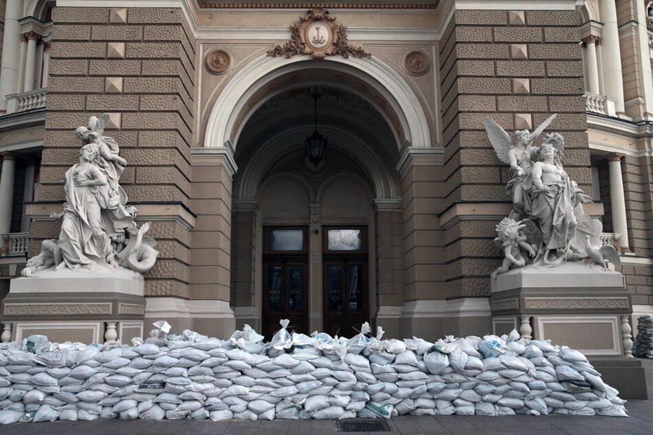 The entrance to the Odessa National Academic Theatre of Opera and Ballet is covered with sandbags in Odesa, Ukraine, on April 3, 2022. George Vitsaras, EPA-EFE/file