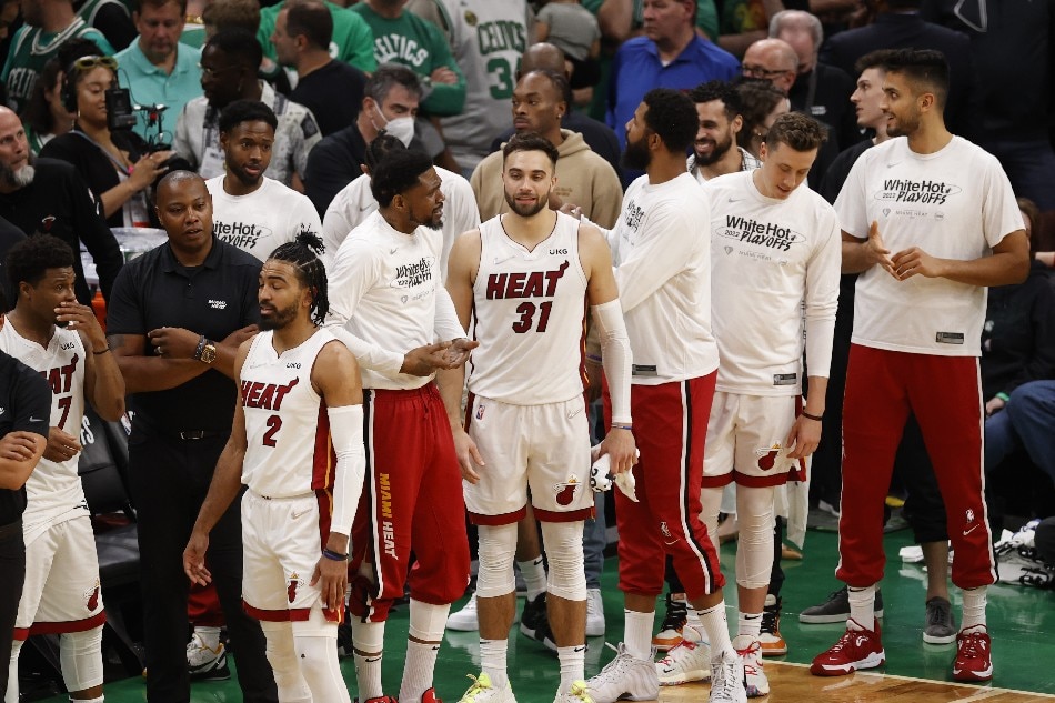 The Miami Heat bench watches the final second of play against the Boston Celtics, during the second half of Game 6 of their NBA Eastern Conference Finals series against the Boston Celtics at the TD Garden, in Boston, Massachusetts, USA, 27 May 2022. CJ Gunther, EPA-EFE