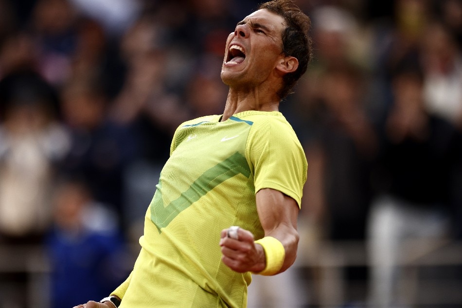Rafael Nadal of Spain reacts after winning against Felix Auger-Aliassime of Canada in their men’s fourth round match during the French Open tennis tournament at Roland ​Garros in Paris, France, 29 May 2022. Yoan Valat, EPA-EFE