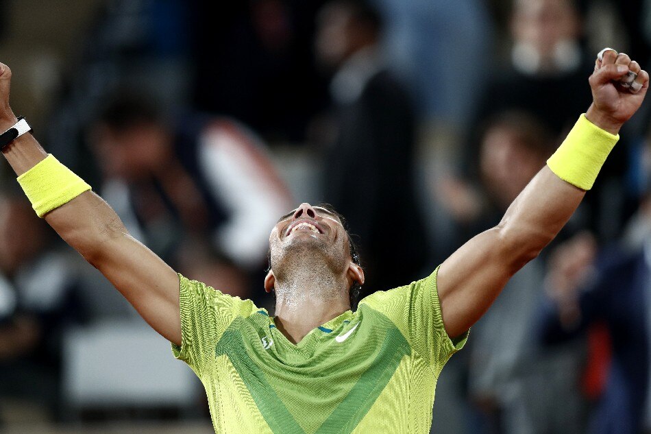 Rafael Nadal of Spain celebrates winning against Novak Djokovic of Serbia in their men’s quarterfinal match during the French Open tennis tournament at Roland ​Garros in Paris, France, 01 June 2022. Mohammed Badra, EPA-EFE