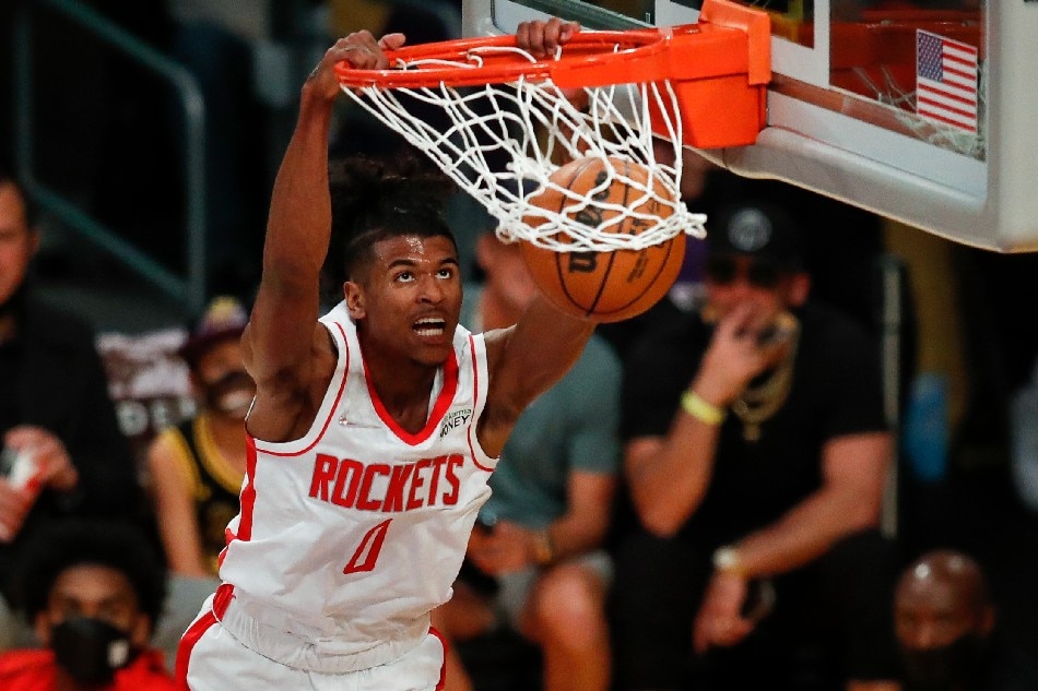 Houston Rockets guard Jalen Green scores against the Los Angeles Lakers during the first quarter of their NBA basketball game at the Staples Center in Los Angeles, California, USA, 02 November 2021. Caroline Brehman, EPA-EFE