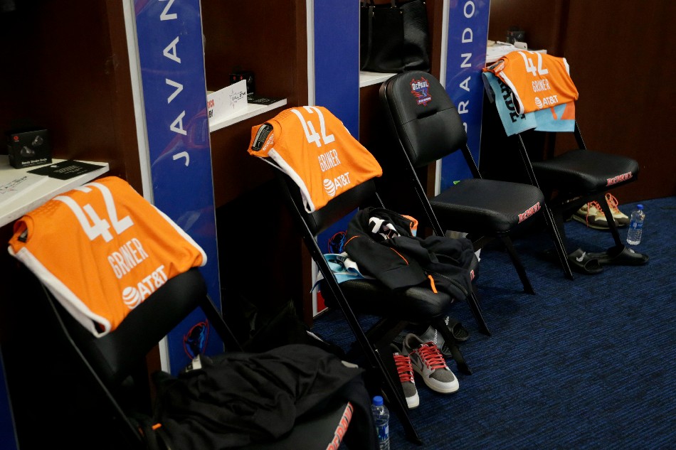 An All Star jersey dedicated to Brittney Griner #42 of the Phoenix Mercury is displayed in the locker room during the 2022 AT&T WNBA All-Star Game on July 10, 2022 at Wintrust Arena in Chicago, Illinois. Kena Krutsinger, NBAE via Getty Images/AFP