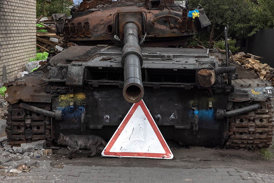 A cat runs past a Ukrainian tank that was destroyed during Russian attacks, in Hostomel, Ukraine, 19 July 2022. Hostomel, Irpin as well as other towns and villages in the northern part of the Kyiv region became battlefields and were heavily shelled when Russian troops tried to reach the Ukrainian capital Kyiv in February and March 2022. Russian troops on 24 February entered Ukrainian territory, starting a conflict that has provoked destruction and a humanitarian crisis. EPA-EFE/ROMAN PILIPEY