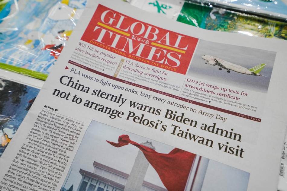 An article on China's response to US House of Representatives Speaker Nancy Pelosi's visit to Taiwan was published on the front page of the Global Times English version in Beijing, August 2, 2022. China has raised a warning stating its military will not sit idle if US House of Representatives Speaker Nancy Pelosi visits Taiwan. Wu Hao, EPA-EFE