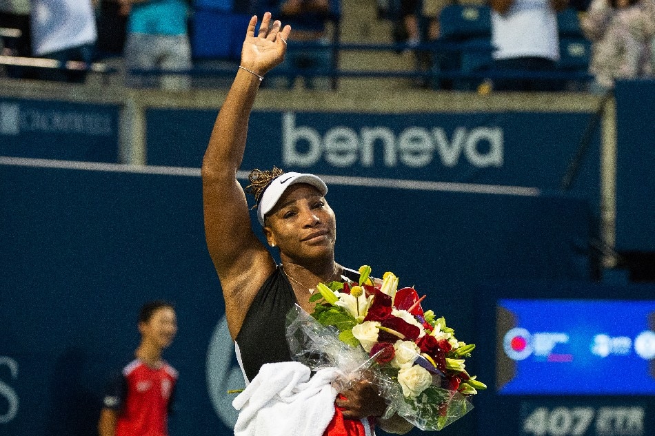 Serena Williams of the US acknowledges the crowd after her match against Belinda Bencic of Switzerland, during the second round of the National Bank Open women's tennis tournament, in Toronto, Canada, 10 August 2022. Eduardo Lim, EPA-EFE