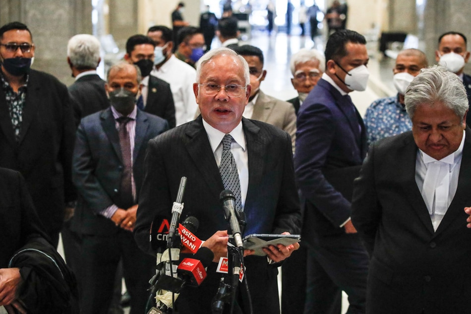 Malaysia's former Prime Minister Najib Razak speaks during a press conference at the Federal Court in Putrajaya, Malaysia on Aug. 16, 2022, after Malaysia's Federal Court dismissed his application for a final appeal that would spark a retrial. Fazry Ismail, EPA-EFE
