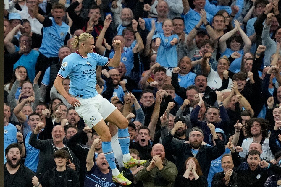 Erling Haaland of Manchester City celebrates after scoring his second goal during the English Premier League soccer match between Manchester City and Nottingham Forest in Manchester, Britain, 31 August 2022. Andrew Yates, EPA-EFE
