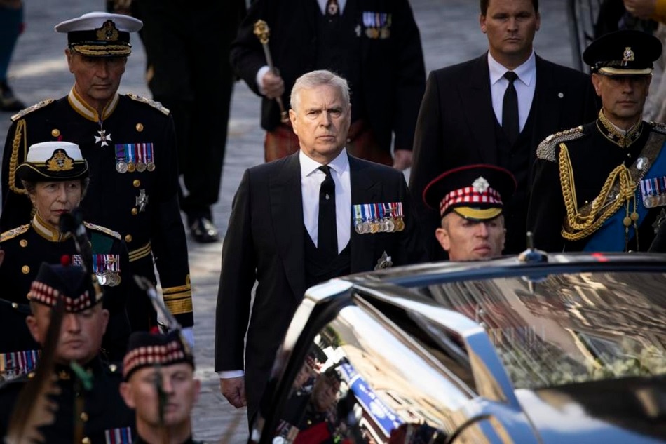 Prince Andrew the Duke of York follows the procession of the coffin of the late Queen Elizabeth II from the Palace of Holyroodhouse to St Giles' Cathedral accompanied by members of the royal family in Edinburgh, Scotland, September 12, 2022. Tolga Akmen, EPA-EFE