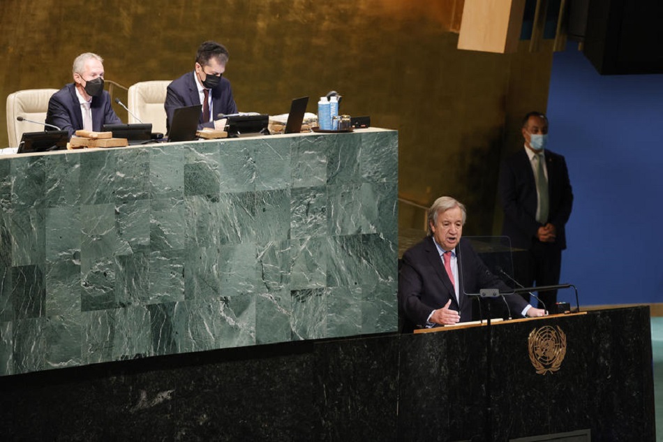 United Nations Secretary-General Antonio Guterres speaks as he opens the 77th General Debate inside the General Assembly Hall at United Nations Headquarters in New York, September 20, 2022. Jason Szenes, EPA-EFE