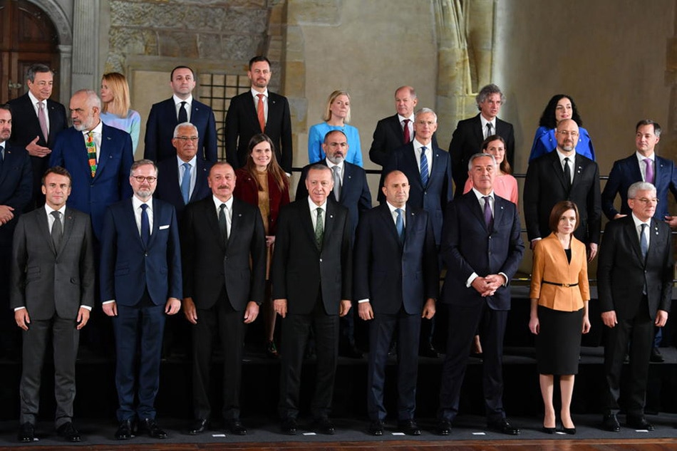 Participants pose for the family photo during the Meeting of the European Political Community in Prague, Czech Republic, October 6, 2022. Radek Pietruszka, Poland out/EPA-EFE