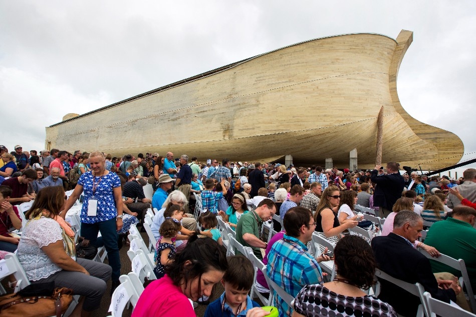 Visitors to Ark Encounter, a 100 million USD, 510-foot-long re-creation of Noah’s Ark, wait for the attraction's opening ceremonies in Williamstown, Kentucky, USA, 05 July 2016. Ark Encounter is the brainchild of Australian-born creationist Ken Ham; it was built with the help of state tax incentives and the sale of 62 million USD in junk bonds. EPA/JIM LO SCALZO