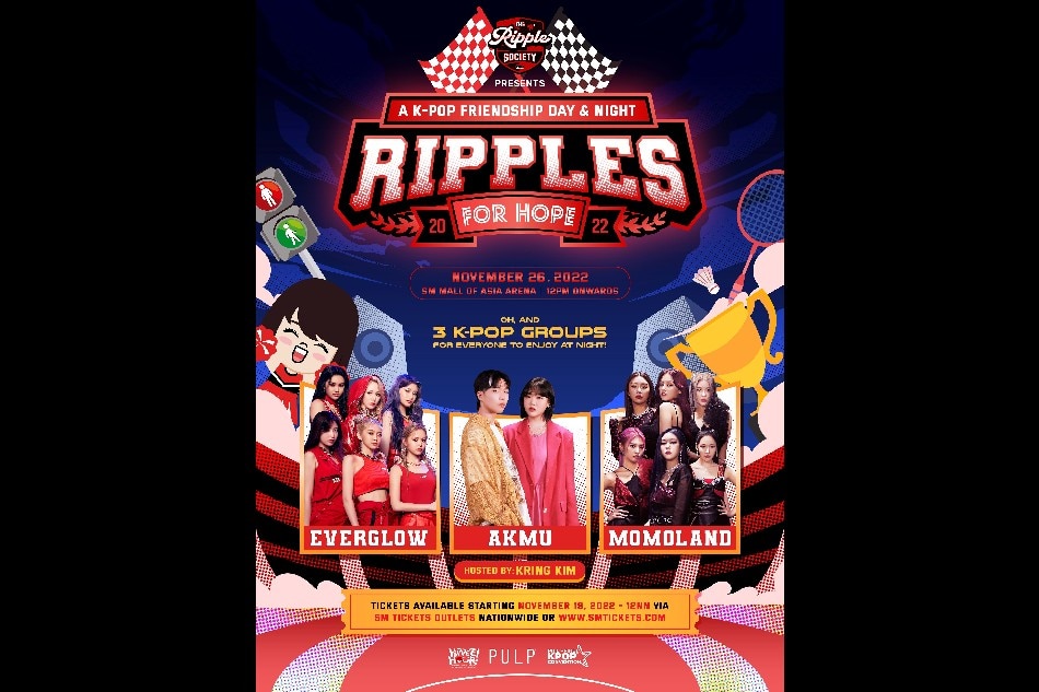 Promotional poster for 'Ripples for Hope,' a 'friendship day' for Filipino K-pop fans to be held at the SM Mall of Asia Arena on November 26, 2022. Photo: Twitter/@RippleSociety