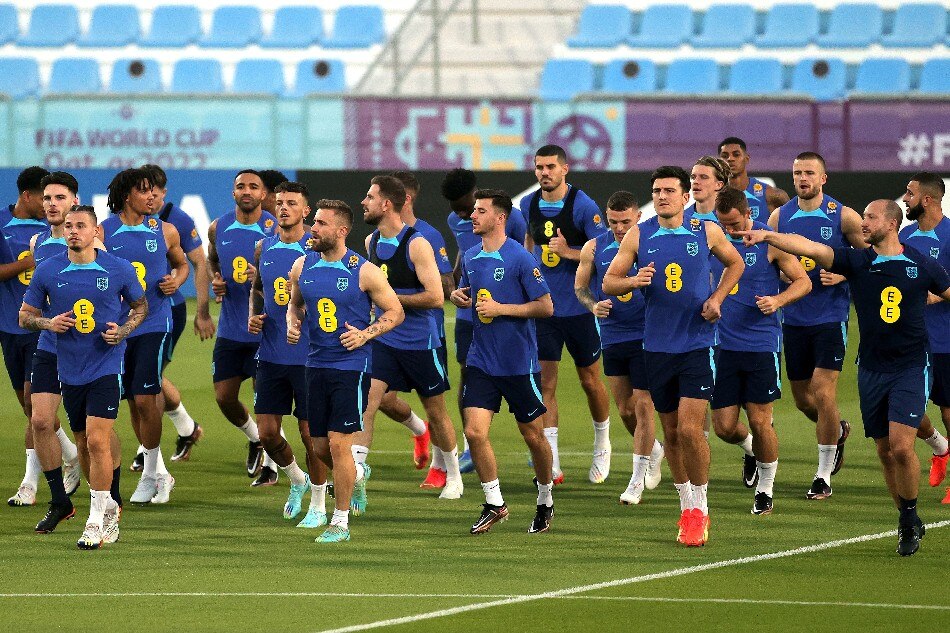 England players during a training session of the English national soccer team in Doha, Qatar, 16 November 2022. England will play their first group B match at the FIFA World Cup against Iran on 21 November. Friedemann Vogel, EPA-EFE.