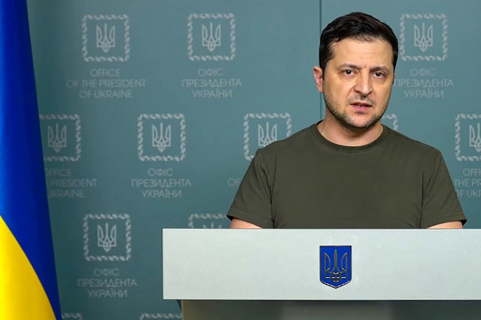 This handout video grab taken and released by the Ukraine Presidency press service on Feb. 27, 2022 shows Ukrainian President Volodymyr Zelensky delivering an address in Kyiv. Ukraine presidency/AFP/File 
