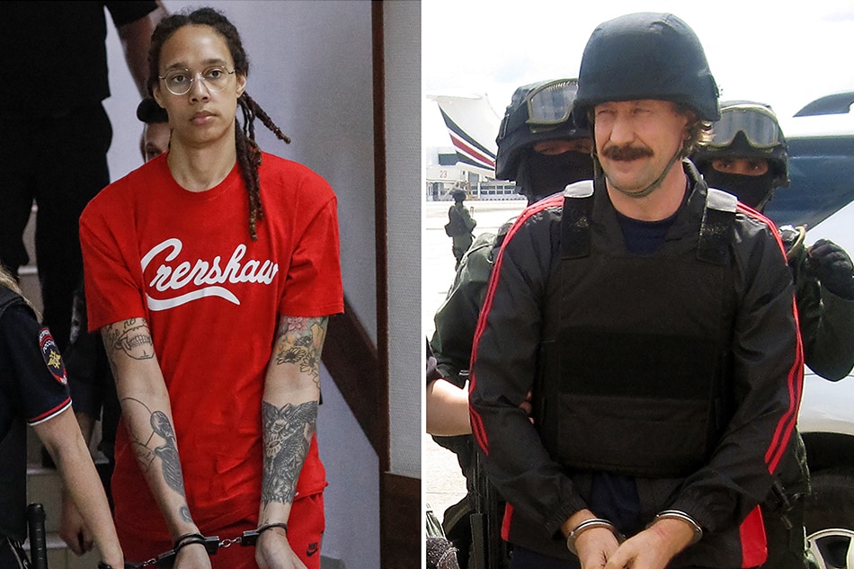 A composite image shows US basketball player Brittney Griner (L) escorted to a courtroom for a hearing, in Khimki City Court, Russia, 07 July 2022; and Russian arms dealer Viktor Bout (R) in handcuffs escorted by Thai special forces to board the airplane for extradition to the USA at Don Mueang airport in Bangkok, Thailand, 16 November 2010; issued 08 December 2022. US and Russian government officials on 08 December 2022 confirmed that Brittney Griner and Viktor Bout were exchanged in a prisoner swap. EPA-EFE/YURI KOCHETKOV/STRINGER