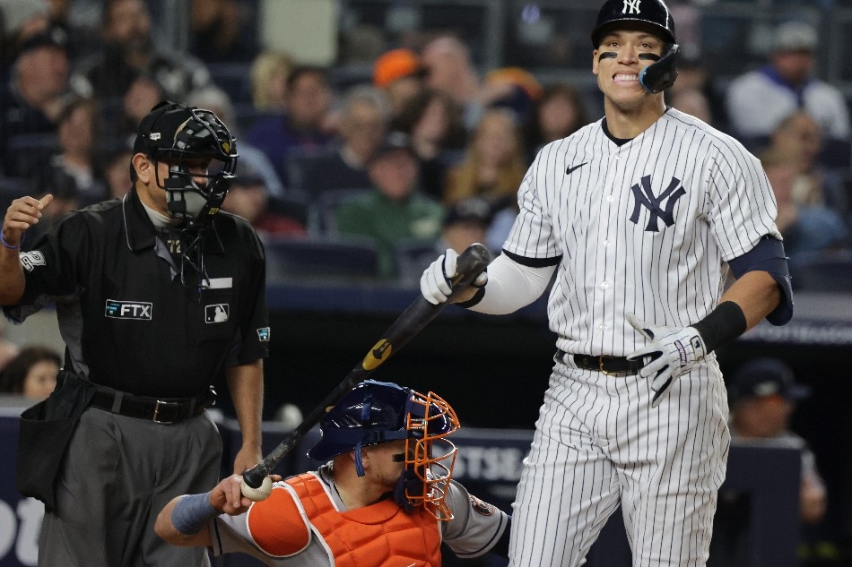 New York Yankees batter Aaron Judge reacts after striking out against the Houston Astros in the bottom of the fourth inning of the third game of the American League Championship Series at Yankee Stadium in the Bronx borough of New York, New York, USA, 22 October 2022. Justin Lane, EPA-EFE