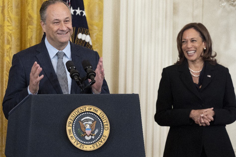 Second Gentleman Douglas Emhoff (left), the first Jewish spouse of a vice president, delivers remarks beside Vice President Kamala Harris (right) during a reception to celebrate the Jewish New Year, in the East Room of the White House in Washington, DC, United States, Sept. 30, 2022. Michael Reynolds, EPA-EFE/File