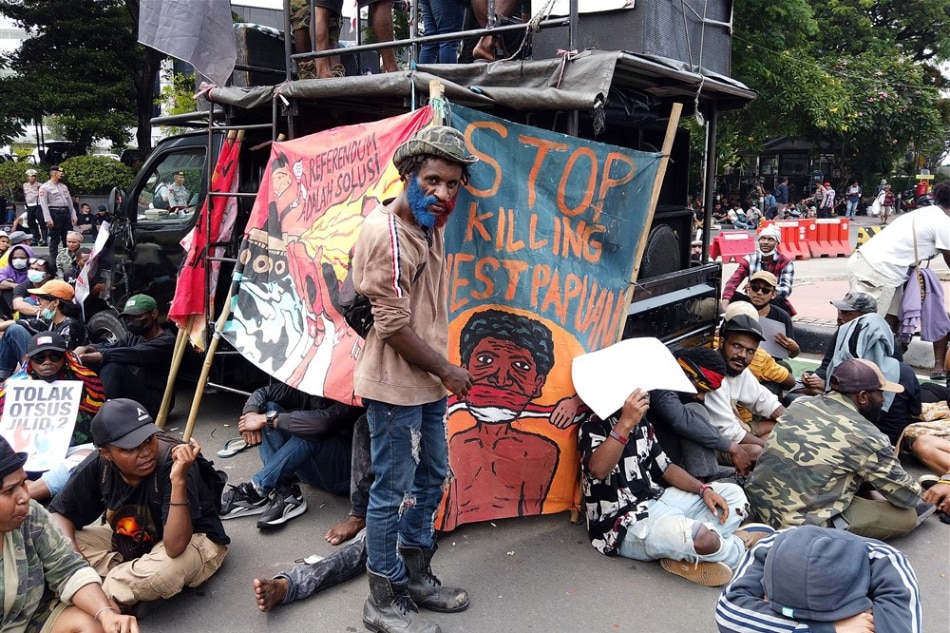 Free Papua activists hold placards during a protest to mark the Free Papua Organization anniversary in Jakarta, Indonesia, 01 December 2022. Dozens of activists staged a rally demanding the government to provide freedom for the people of Papua. Adi Weda, EPA-EFE