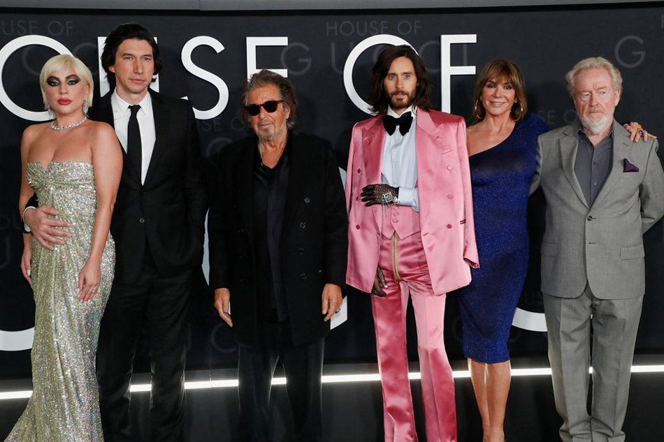 Cast members Lady Gaga, Adam Driver, Al Pacino and Jared Leto pose with director Ridley Scott and his wife, producer Giannina Facio during the premiere of the film 