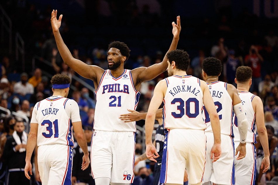 76ers center Joel Embiid reacts during a game against Orlando on January 5, 2022. Nathan Ray Seebeck, USA Today Sports/Reuters
