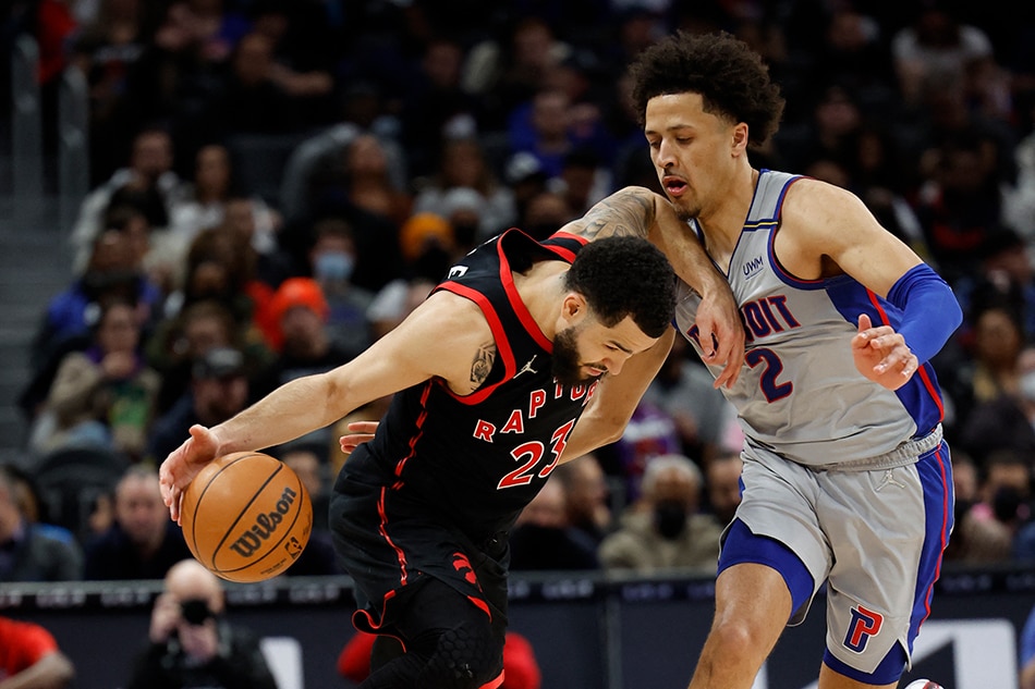 Raptors guard Fred VanVleet is defended by Detroit guard Cade Cunningham in their game on January 14, 2022. Rick Osentoski, USA Today Sports/Reuters
