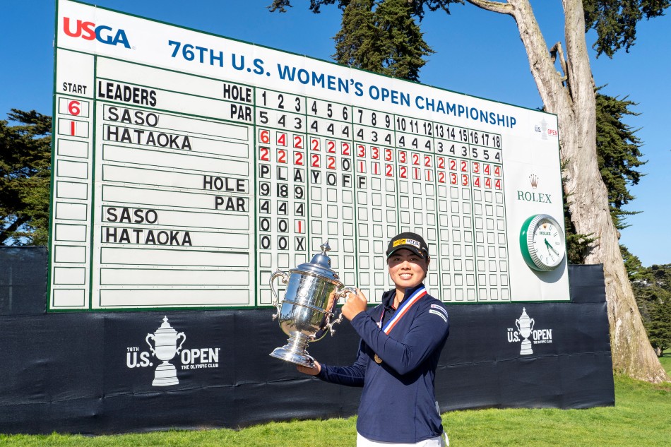 Yuka Saso hoists the US Open trophy after winning in a sudden death playoff over Nasa Hataoka following the final round of the U.S. Women's Open golf tournament at The Olympic Club. File Photo. Kyle Terada, USA TODAY Sports/Reuters.