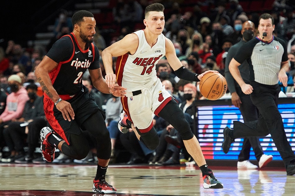 Heat guard Tyler Herro drives to the basket in their game against Portland on January 5, 2022. Troy Wayrynen, USA Today Sports/Reuters