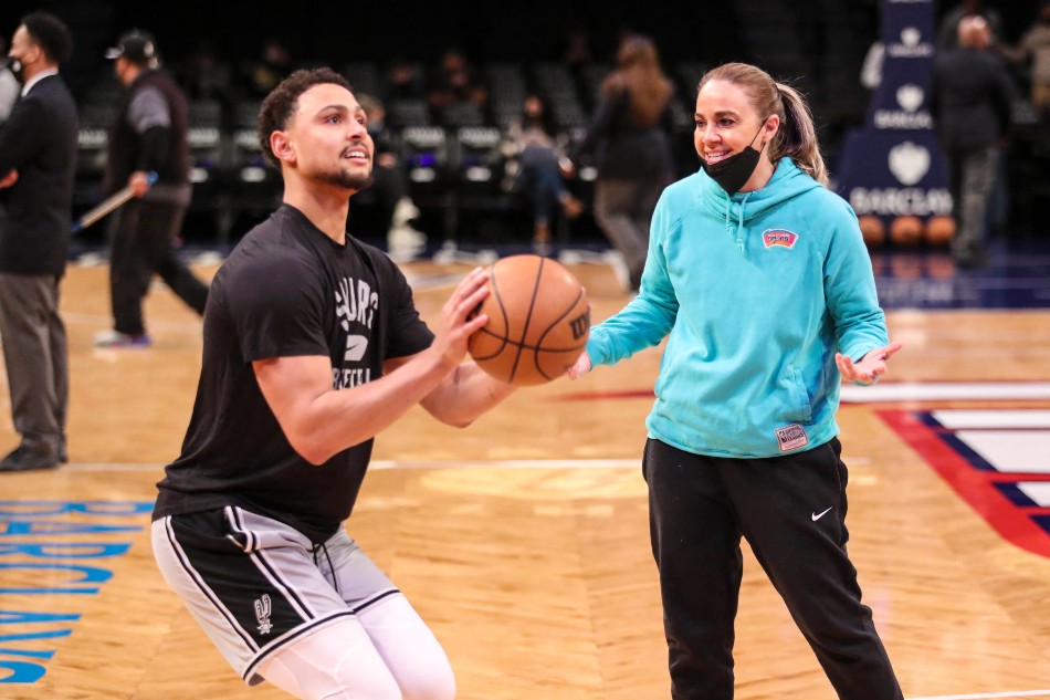 San Antonio Spurs guard Bryn Forbes (7) takes warmups with assistant coach Becky Hammon, prior to the game against the Brooklyn Nets at Barclays Center. File photo. Wendell Cruz, USA TODAY Sports/Reuters.