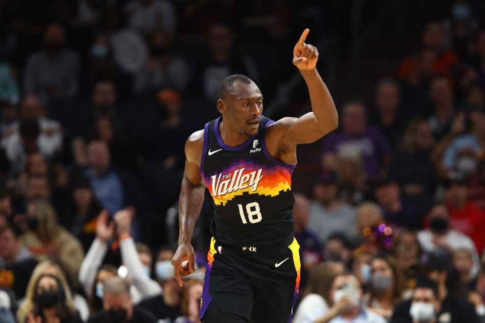 Phoenix Suns center Bismack Biyombo reacts against the Indiana Pacers in the second half at Footprint Center. Mark J. Rebilas, USA TODAY Sports/Reuters.