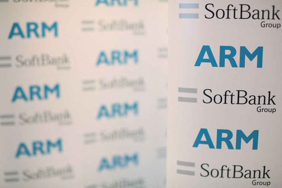 An ARM and SoftBank Group branded board is displayed at a news conference in London, Britain July 18, 2016. Neil Hall, Reuters/File Photo