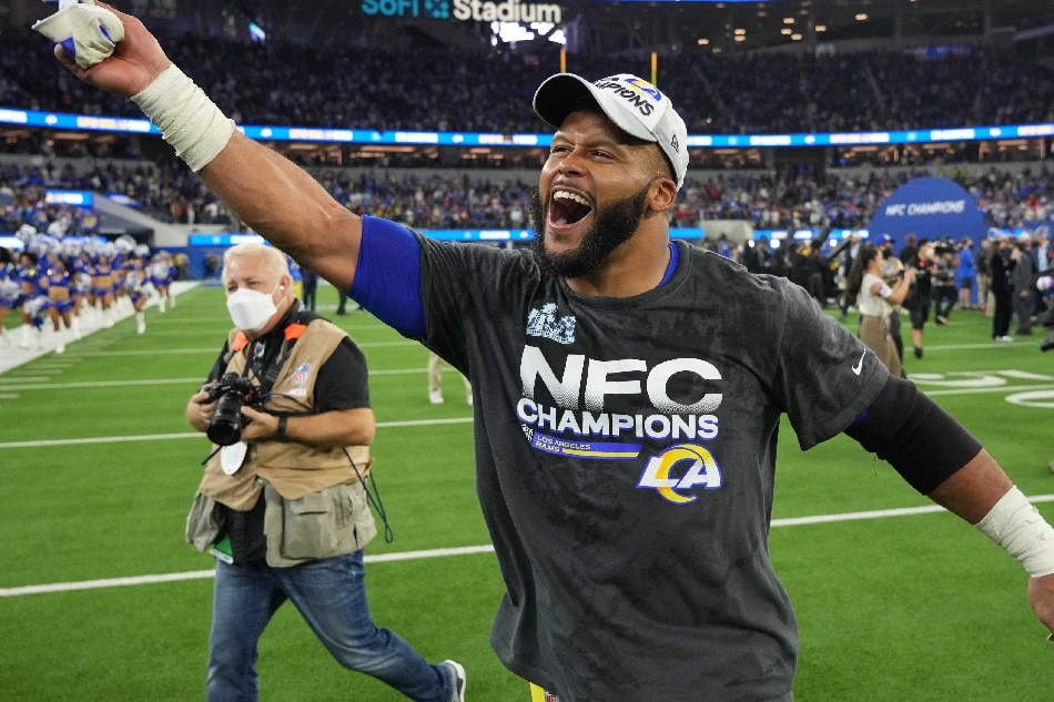 Los Angeles Rams defensive end Aaron Donald celebrates after defeating the San Francisco 49ers in the NFC Championship Game at SoFi Stadium. Kirby Lee, USA TODAY Sports/Reuters