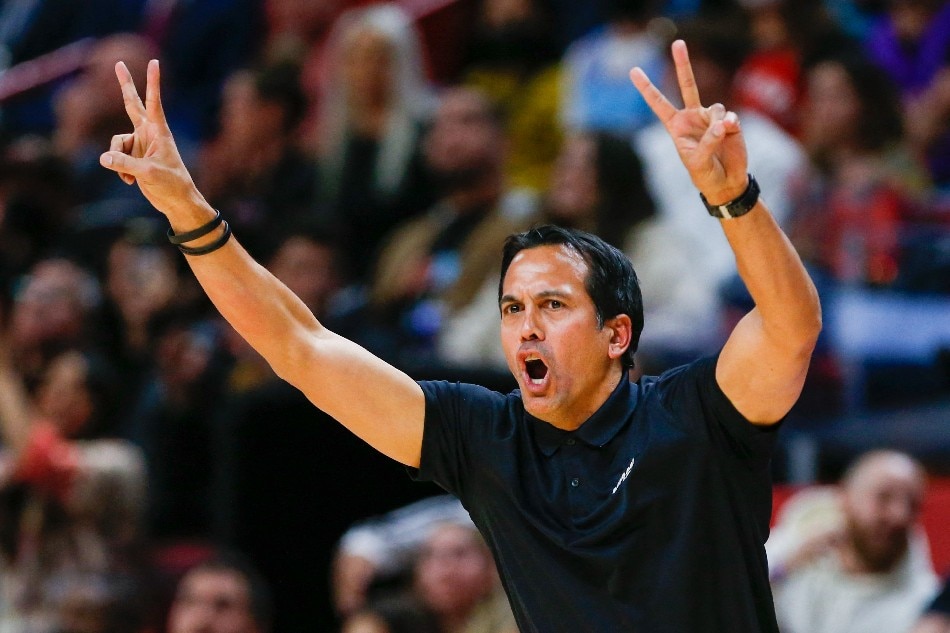 Miami Heat head coach Erik Spoelstra reacts from the sideline during the fourth quarter of the game against the Toronto Raptors at FTX Arena. Sam Navarro, USA TODAY Sports