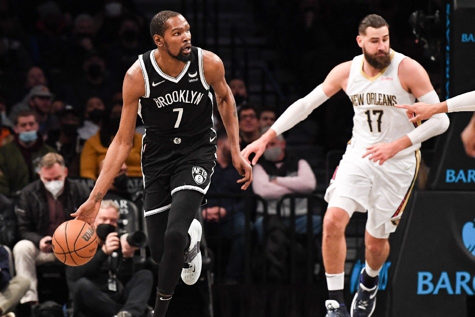 Brooklyn Nets forward Kevin Durant (7) dribbles the ball against the New Orleans Pelicans during the first quarter at Barclays Center. Dennis Schneidler, USA TODAY Sports/Reuters