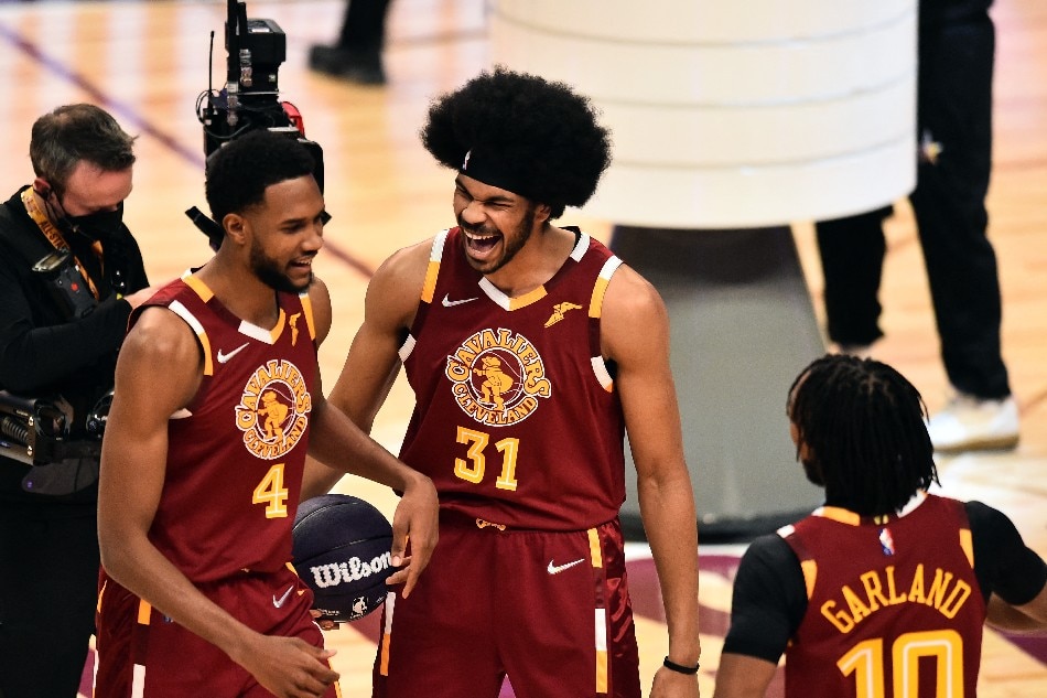 Team Cavs player Jarrett Allen (31) and player Evan Mobley (4) and player Darius Garland (10) in the Taco Bell Skills Challenge during the 2022 NBA All-Star Saturday Night at Rocket Mortgage Field House. Ken Blaze, USA TODAY Sports/Reuters