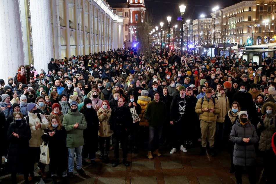 People attend an anti-war protest, after Russian President Vladimir Putin authorized a military operation in Ukraine, in Saint Petersburg, Russia, February 24, 2022. Anton Vaganov, Reuters