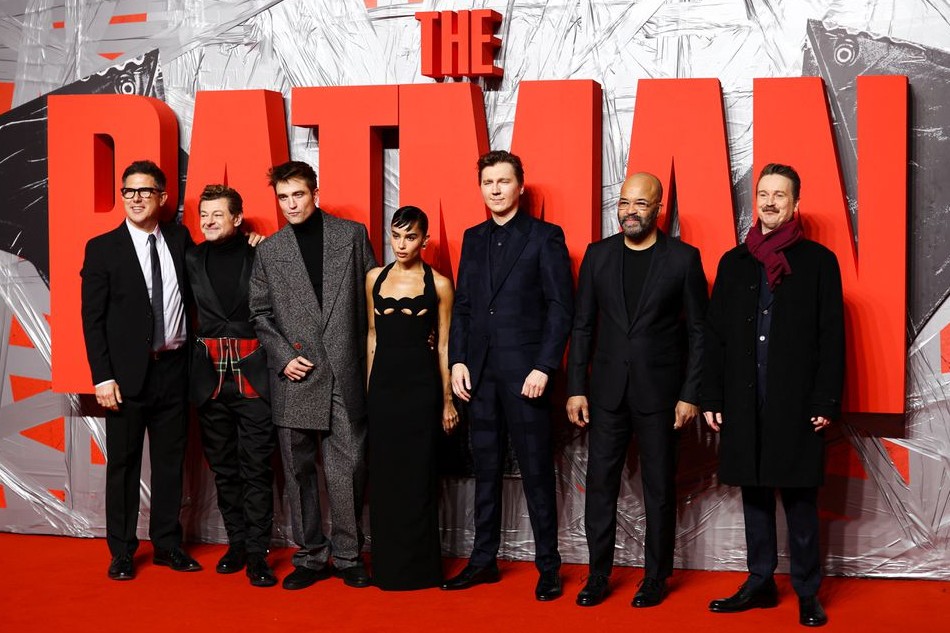 Producer Dylan Clark, cast members Andy Serkis, Robert Pattinson, Zoe Kravitz, Paul Dano and Jeffrey Wright, and director Matt Reeves arrive at the London launch of 