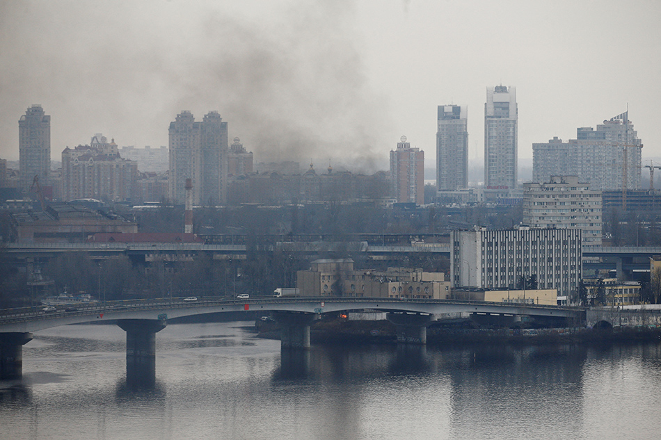 Smoke rises from the territory of the Ukrainian Defence Ministry