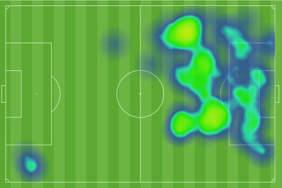 Hali Long's heat map vs. Thailand. The defender was solid at the back, with five tackles, 12 clearances, and three interceptions per stats provided by the AFC. 