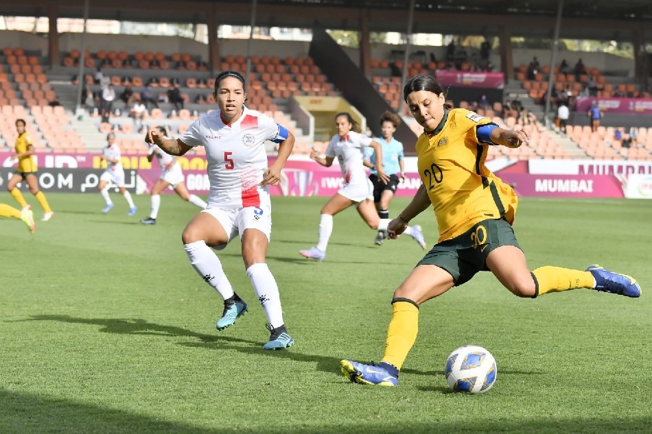 Australia's Sam Kerr against Philippines captain Hali Long in the group stage of the AFC Women's Asian Cup 2022. AFC/File.