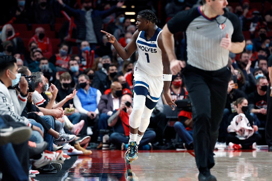 Minnesota Timberwolves small forward Anthony Edwards (1) reacts after a three point basket during the second half against the Portland Trail Blazers at Moda Center. Soobum Im, USA TODAY Sports/Reuters.
